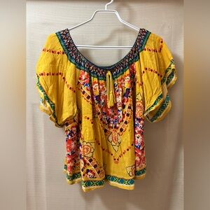 Flying Tomato Yellow Boho Floral Peasant Blouse Tassel Neck Size Large